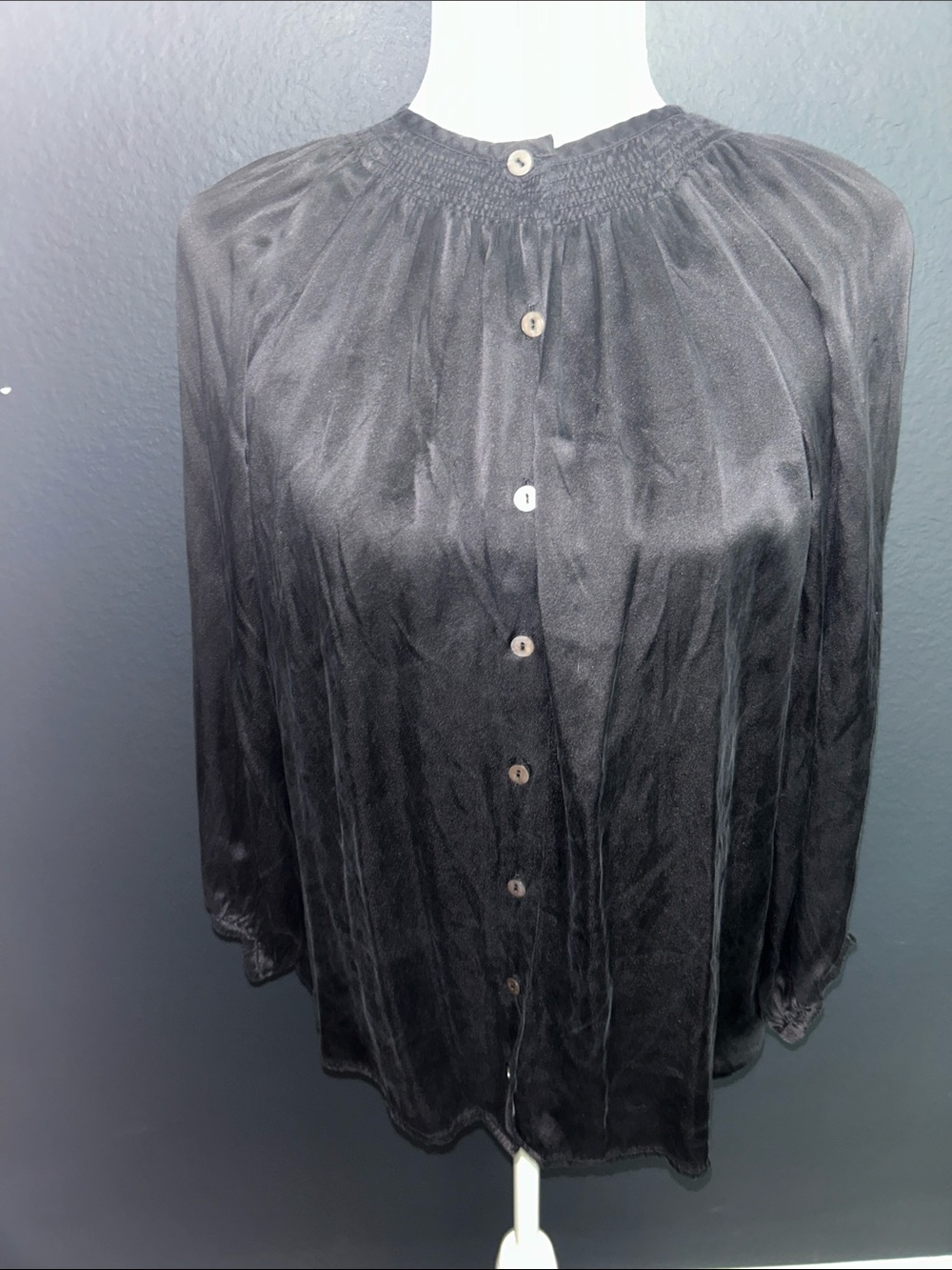 Acrobat silk Black Button-Down Smocked-Neck Blouse